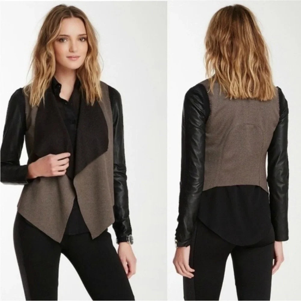 STELLA & JAMIE Rio Draped Leather Sleeve Jacket in Taupe/Black Size Medium